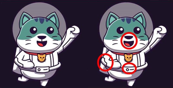 Jogo dos 3 erros: encontre as diferenças entre as imagens do gato astronauta