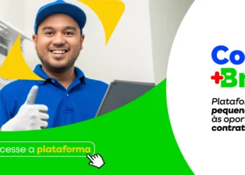 Profissional trabalhando na instalação de ar condicionado, com a plataforma Contrata+Brasil ao fundo.
