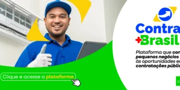 Profissional trabalhando na instalação de ar condicionado, com a plataforma Contrata+Brasil ao fundo.