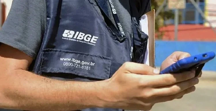 Profissional do IBGE utilizando celular em campo