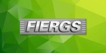 Logo da FIERGS com fundo verde geométrico.
