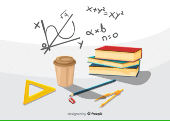 Ilustração de materiais escolares com livros, lápis, régua e fórmulas matemáticas ao fundo.
