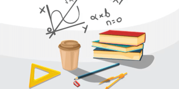 Ilustração de materiais escolares com livros, lápis, régua e fórmulas matemáticas ao fundo.