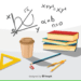 Ilustração de materiais escolares com livros, lápis, régua e fórmulas matemáticas ao fundo.