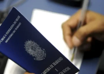 Pessoa preenchendo documentos de trabalho com a Carteira de Trabalho e Previdência Social
