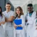 Equipe de profissionais da saúde sorrindo em um corredor de hospital.
