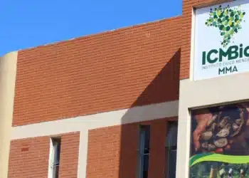 Fachada do Instituto Chico Mendes de Conservação da Biodiversidade (ICMBio), com destaque para a logo da instituição.