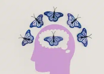 Ilustração de borboletas saindo de uma cabeça em um conceito simbólico de "brain dump"