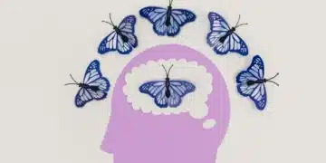 Ilustração de borboletas saindo de uma cabeça em um conceito simbólico de "brain dump"