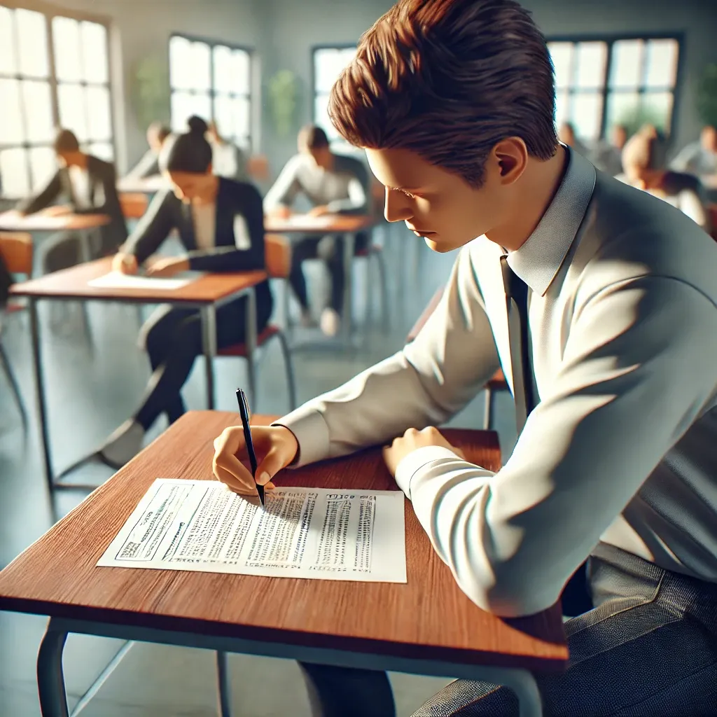 Estudante concentrado fazendo prova em uma sala de aula.