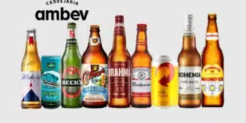 Logo e garrafas de diferentes marcas da Ambev, incluindo Michelob Ultra, Beck's, Budweiser, Brahma, entre outras.