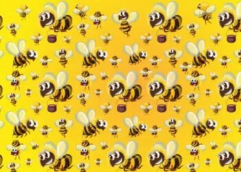 Desafio lógico com desenho com várias abelhas e potes de mel em fundo amarelo, com um girassol escondido