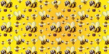 Desafio lógico com desenho com várias abelhas e potes de mel em fundo amarelo, com um girassol escondido