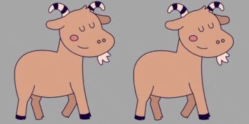 Desafio visual de encontrar cinco diferenças entre duas cabras desenhadas.