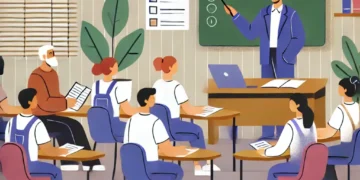 Cena educacional mostrando alunos adultos em uma sala de aula de EJA, com um professor explicando na lousa.