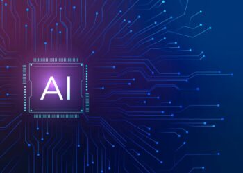 Ilustração de inteligência artificial com letras “AI” e rosto robótico