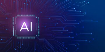 Ilustração de inteligência artificial com letras “AI” e rosto robótico