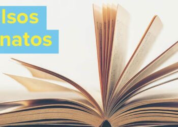 Imagem ilustrativa sobre falsos cognatos no aprendizado de inglês, com livro aberto ao fundo.