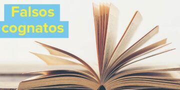 Imagem ilustrativa sobre falsos cognatos no aprendizado de inglês, com livro aberto ao fundo.