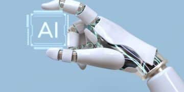 Mão robótica segurando um símbolo holográfico de inteligência artificial (AI) sobre fundo azul claro.