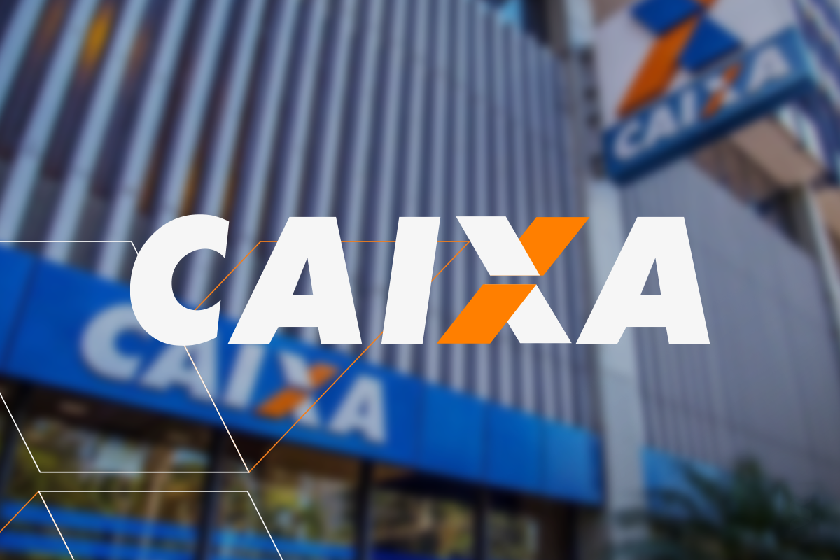 Logo da Caixa Econômica Federal em destaque, com fachada de agência bancária desfocada ao fundo.
