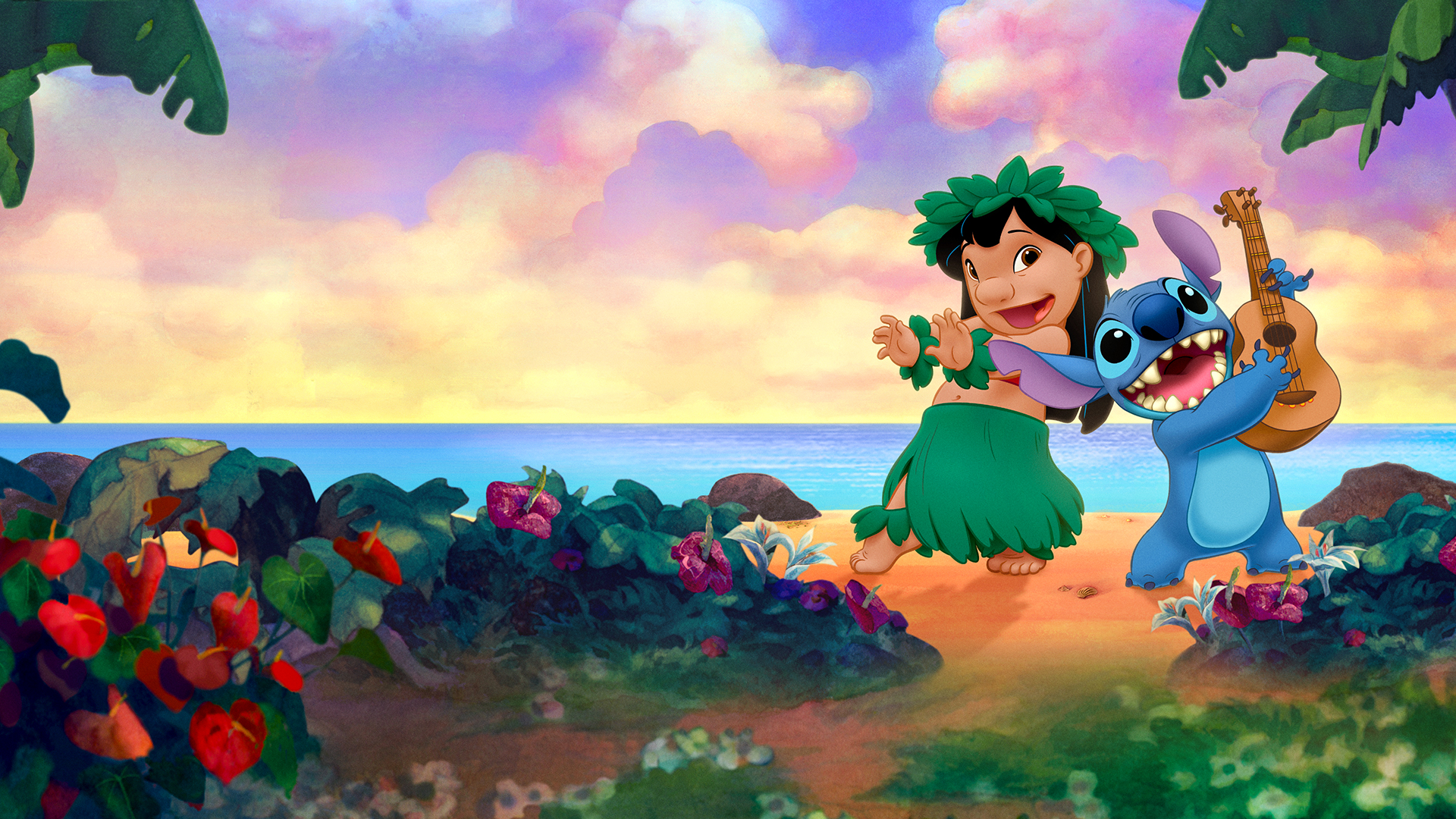 Lilo e Stitch felizes na praia com cenário colorido ao fundo