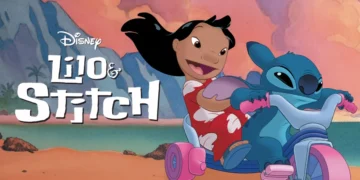 Cena do desenho animado “Lilo & Stitch” com personagens brincando em uma bicicleta