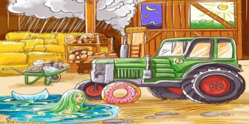 Desafio lógico com uma ilustração colorida de um celeiro com trator verde, papel de barco, donut rosa no chão e mulher emergindo de poça de água, mostrando cenário com erros para desafio lógico