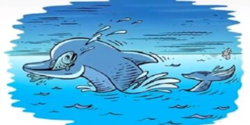 Desafio lógico com uma ilustração de golfinho com peixe na boca e cenário marinho com ilusão de ótica