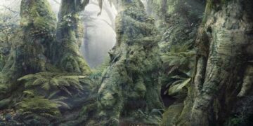 Desafio visual com imagem de uma floresta densa e sombria, com árvores cobertas de musgo e vegetação rasteira ao redor.