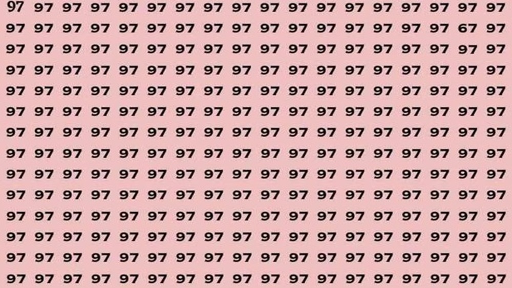 Imagem com vários números 97 em fundo rosa, com um número 67 oculto entre eles.