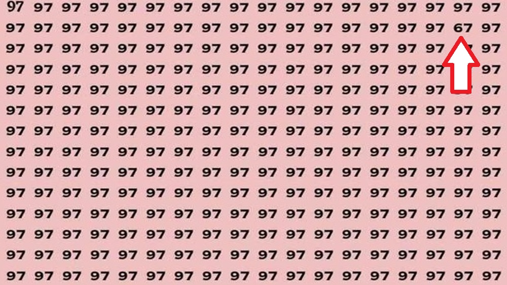 Solução do teste de QI com vários números 97 em fundo rosa, com um número 67 oculto entre eles.