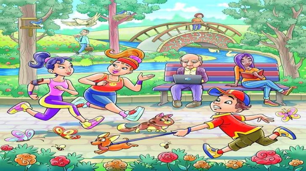 Cena alegre em parque com pessoas, animais e natureza ao redor.
