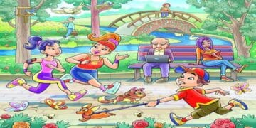 Teste de QI com a cena alegre em parque com pessoas, animais e natureza ao redor.