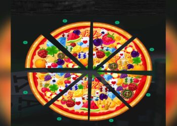 Teste de QI com um ilustração de uma pizza dividida em oito fatias, recheada com símbolos de jogos, frutas e objetos variados.