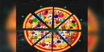 Teste de QI com um ilustração de uma pizza dividida em oito fatias, recheada com símbolos de jogos, frutas e objetos variados.
