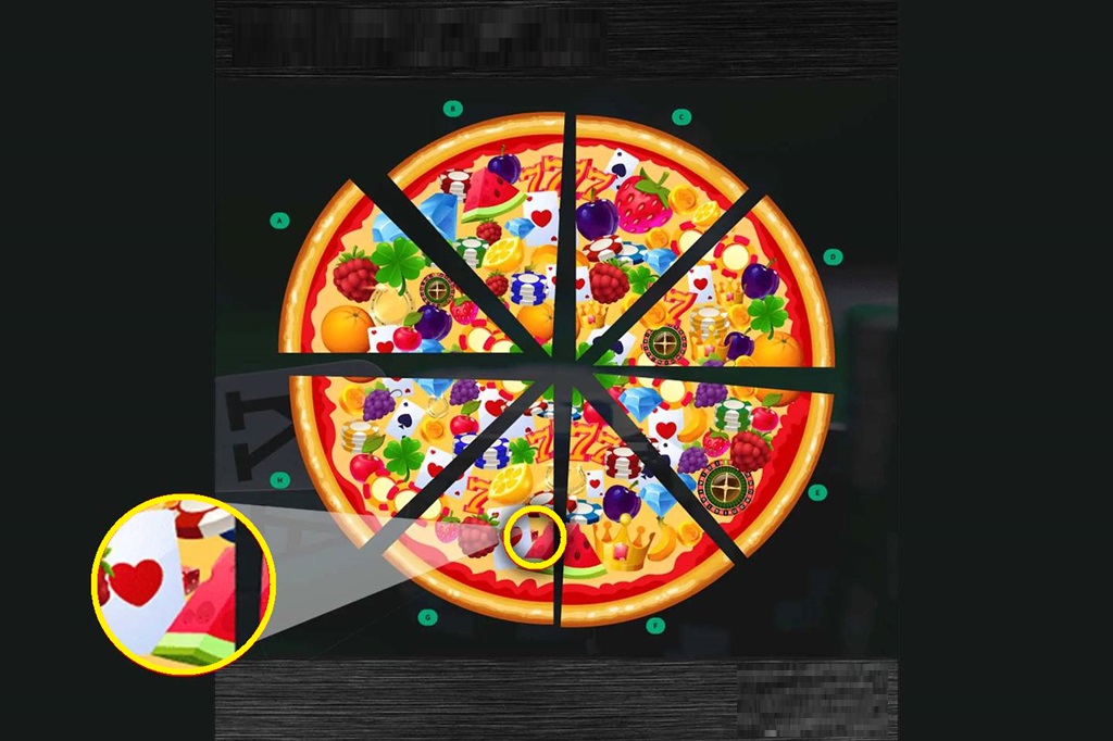 Solução do teste de QI com um ilustração de uma pizza dividida em oito fatias, recheada com símbolos de jogos, frutas e objetos variados.