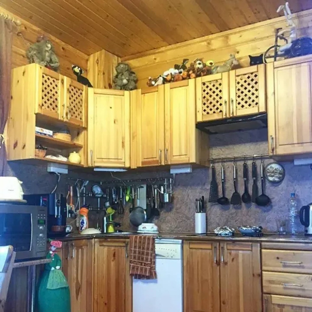 Teste de QI na cozinha rústica com armários de madeira e um gato preto escondido no alto do armário