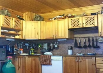 Teste de QI na cozinha rústica com armários de madeira e um gato preto escondido no alto do armário
