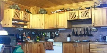 Teste de QI na cozinha rústica com armários de madeira e um gato preto escondido no alto do armário