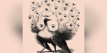 Teste de QI com desenho artístico em preto e branco de um pavão com penas que formam rostos humanos ocultos.