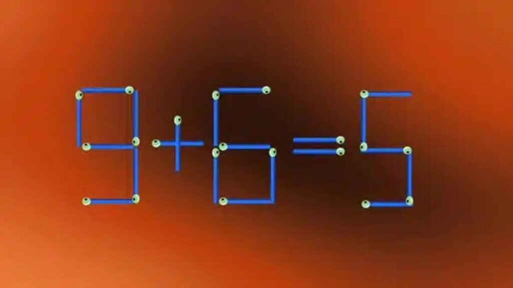 Equação matemática com palitos, onde 9 + 6 = 5. O desafio é mover um palito para corrigir a equação.