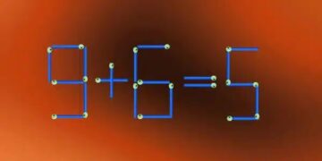 Teste de QI: Equação matemática com palitos, onde 9 + 6 = 5. O desafio é mover um palito para corrigir a equação.
