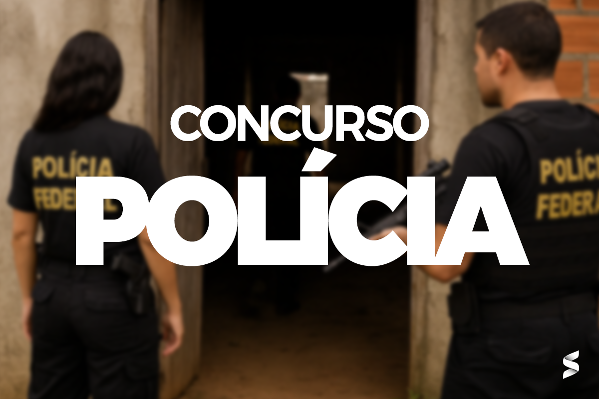 Policiais federais em ação durante operação, com destaque para o texto Concurso Polícia em primeiro plano.