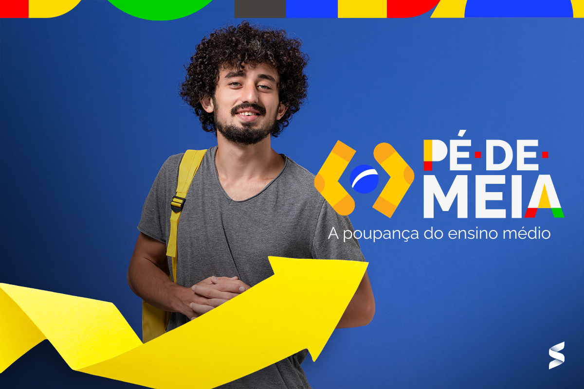 Imagem promocional do Programa Pé-de-Meia, com jovem sorrindo e segurando a bolsa escolar, destacando o incentivo para o ensino médio.