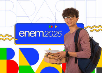 Jovem segurando livros e mochila com a logo do ENEM 2025 ao fundo.