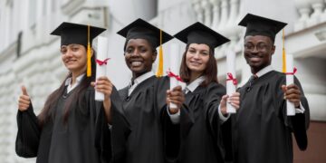 Jovens formandos comemorando com diplomas na mão após conclusão da graduação