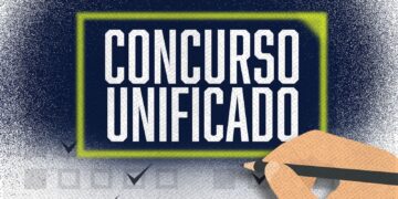 Ilustração com a frase Concurso Unificado em destaque, mostrando uma mão segurando um lápis.