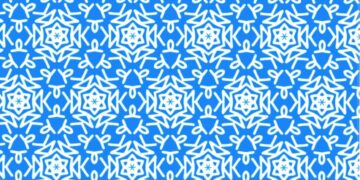 Desafio lógico com um padrão visual com formas geométricas e letra M camuflada entre símbolos brancos sobre fundo azul