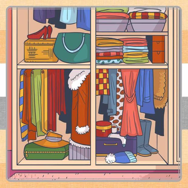 Desafio lógico com uma ilustração colorida de um armário organizado com roupas, sapatos e acessórios